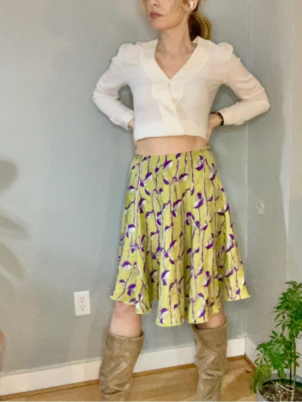 Corey Lynn Calter 100% silk Lime Green Skirt with Purple Floral Motif